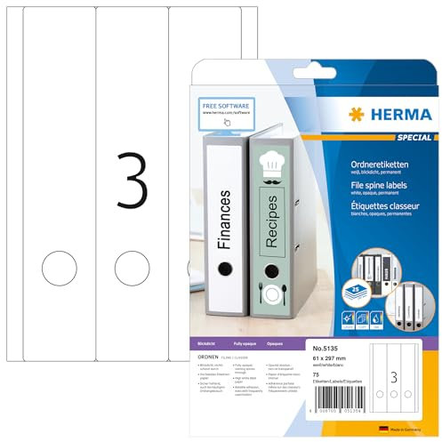 HERMA 5135 Ordnerrücken Etiketten lang breit, 25 Blatt, 61 x 297 mm, 3 pro A4 Bogen, 75 Stück, selbstklebend, bedruckbar, blickdicht, blanko Papier Ordneretiketten Rückenschilder Aufkleber, weiß