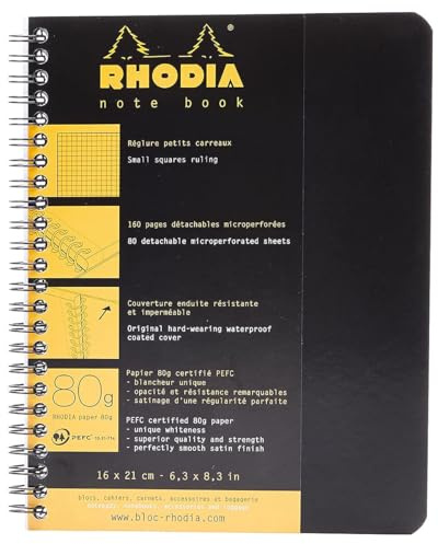RHODIA 193429C - Quaderno a spirale (rilegatura integrale) Notebook NERO - A5+ 16 x 21 cm- Quadretti piccoli - 160 pag. staccabili - Carta Clairefontaine Bianca 80g/m² - COPERTINA morbida e resistente