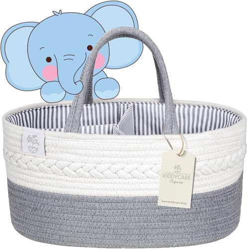 KiddyCare Woven Diaper Nappy Caddy Basket with Handle Lid | Diaper Caddy Basket with Dividers for Baby Boy/Girl, Diaper Tote Bag for Bady Storage for Car | Baby Nursery Canvas Caddy | Gray Regular
