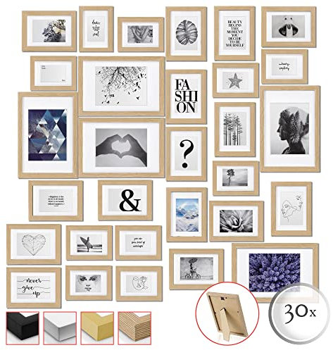 bomoe 30er Bilderrahmen Set Emotion - 10x 10x15, 15x 13x18, 5X 20x30 cm Fotorahmen Collage Bilderrahmen mit Passepartout & Aufsteller - Bilder Rahmen aus Holz & Kunststoffglas Fotowand Eiche