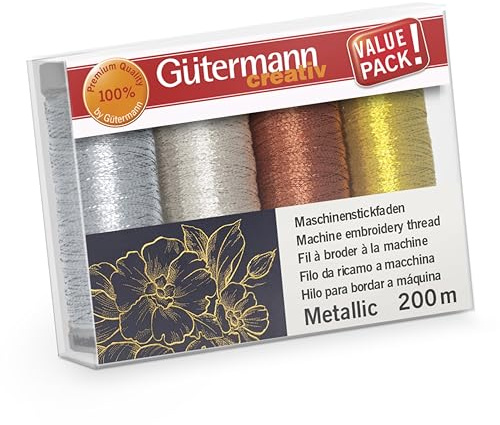 Gütermann creativ Set hilo para bordar a máquina con 4 bobinas Metallic 200 m en diferentes colores