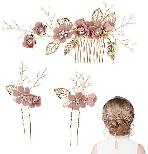 3 Stücke Haarkamm für Brautaccessoires,Haltbarer Haarkamm Hochzeit, Brauthaarkamm Hochzeit Clip Set, Wird für Brautstirnband Hochzeit Haarschmuck Verwendet(Rosa)