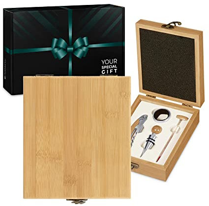 Maverton Weinöffner-Set Weinset Sommelier Set - Geschenkbox Holzbox + 4er Weinzubehörset - aus Bambus - Braun - Geschenk Hochzeit Hochzeitstag Paar