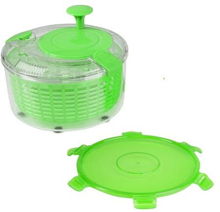 Genius Salatschleuder 4-tlg, Fassungsvermögen 2.4 L mit Frischhaltedeckel Transparent Weiß Grün Rutschfest 2 in 1 Schleuder Salatschüssel zum Waschen Trocken Servieren