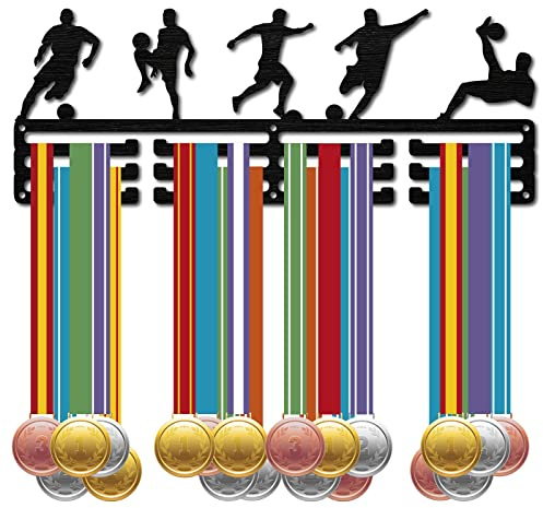 CREATCABIN 40x15cm Fußball-Medaillenhalter Sport-Fußballspieler-Medaillen-Ausstellungsständer Wandhalterung Aufhänger Dekoration Für Spiele Läufer Abzeichenaufbewahrung 3 Reihe Über 60 Medaillen
