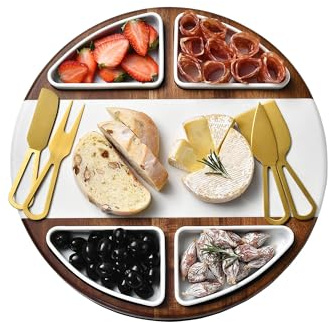 Shanik Upgraded Lazy Susan Marble Cheese Cutting Board Set, Round Acacia Charcuterie Board, Cheese Serving Platter with 4 Ceramic Bowls and Craft - Gift For any Occasion (Without Engraving)