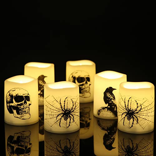 Eldnacele Flammenlose Halloween-Kerzen, flackern, Timer, batteriebetriebene LED-Kerzen mit Totenkopf, Spinnennetz, Krähe, Raben, Votivkerzen für Halloween, Heimdekoration, Geschenkidee, 3,8 x 5,1 cm,