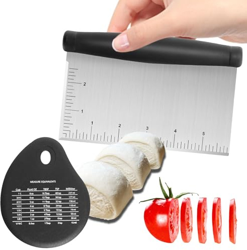 Stainless Steel Dough Scraper - 6 Inch Multi-Purpose Kitchen Tool with Measuring Markings, Cutter for Dough, Cheese, Pizza, Cake, and Extra Bowl Shaped Scraper.