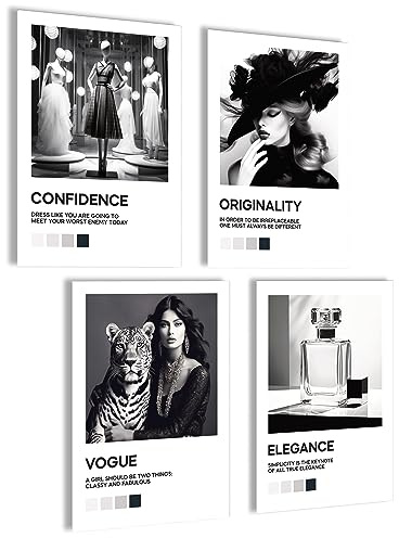 mojoliving Vintage Poster Set | Coco Bilder schwarz weiß | Vogue Wandbilder Wohnzimmer | Coco Poster Set | 4x A4 ohne Rahmen