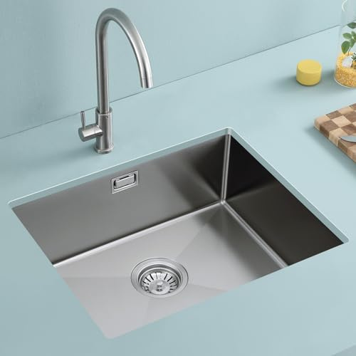 ROVOGO Küchenspüle Unterbau 45x55cm Edelstahl 304 inkl. Ablauf & Überlauf | handgefertigt gebürstete Edelstahl-Unterbauspüle mit Ab- und Überlaufgarnitur, Kleines Küchenspülbecken, 1 Becken Einbauspüle