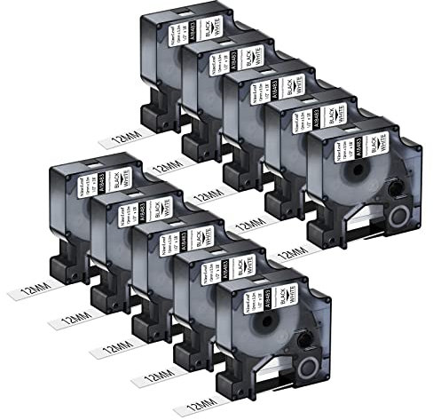 NineLeaf 10 Packung Ersatz für Dymo 18483 A18483 12mm x 5.5m Bänder Schwarz auf Weiß Polyester Permanentes Industrie-Schriftband für Rhino 1000 4200 5200 ILP 219 3M PL100 PL150 Beschriftungsgerät