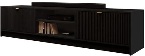 Mirjan24 TV Schrank Tireno 2K, Fernsehschrank, B:180 x H:40 x T:40 cm, TV Lowboard mit geriffelte Fronten, Fernsehtisch, TV Tisch, Unterschrank, TV Board, Schrank, TV Bank (Schwarz)