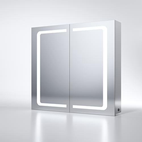 SONNI Spegelskåp badrum med belysning 70 x 65 cm, IP44, vattentät, rostfritt stål, LED-dubbeldörrars badrumsskåp, med uttag och vippströmbrytare för badrum