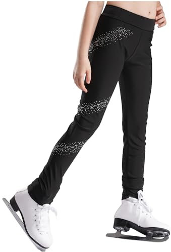 Freebily Kinder Eiskunstlaufhose Glitzer Mit Strass Schlittschuhhose Stretch Mädchen Gymnastik Sportleggins Ballett Tanz Strumpfhose Schwarz_D 146-152