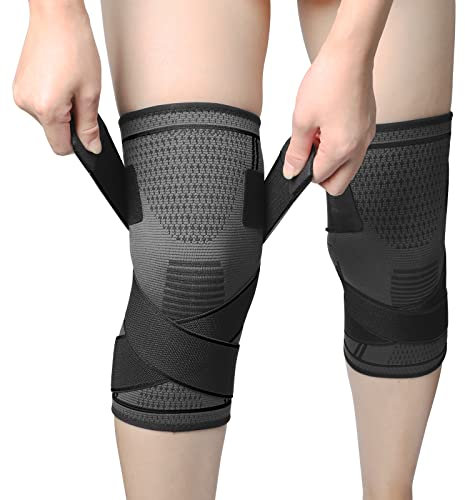 MILAIUN 2 pack Knee Support for Men Women, Compression Adjustable Knee Brace, Non-Slip with Strap knee sleeves for Meniscus Tear, Arthritis, Ligament Damage, Running, Walking, Gym, Sports (Black-M)