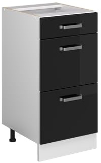 Vicco Küchenunterschrank R-Line, Schwarz Hochglanz, 40 cm | 3 Schubladen · Ohne Arbeitsplatte · Höhenverstellbare Füße · ✓ Leichter Zugriff · ✓ Frei kombinierbar