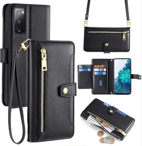 betterfon Handykette kompatibel mit Samsung Galaxy S20 FE | Leder Handyhülle mit Kartenfächern | Handyhülle zum Umhängen | Schwarz