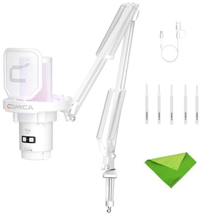 comica EJoy Uni (A) – weißes USB-Mikrofon für Computer und Smartphone, RGB-Kondensator-Gaming-Mikrofon mit Nierencharakteristik für Podcasting, Streaming, Aufnahme, Musikerstellung, mit Armständer