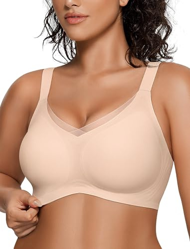 OEAK Womens Wireless Bras V Mesh Comfortable Bralette Supportive Tshirt Bra No Underwire Seamless Push Up Everyday Bras Nude M