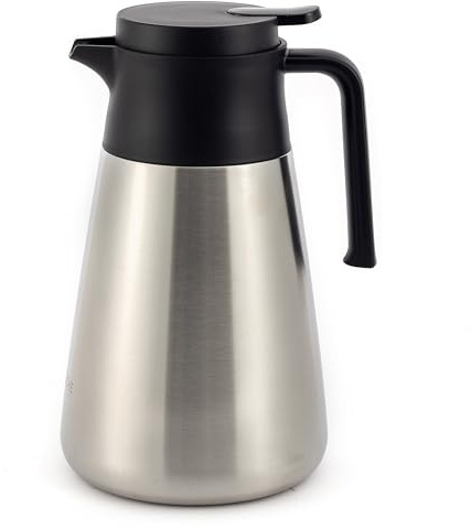 Termoskanna för hansekök (1,5 l) av högkvalitativt 304 rostfritt stål – isoleringskanna, kaffekanna med elegant träutseende (silver, oval)