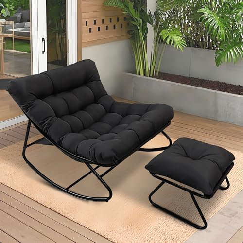 Outdoor Schaukelstuhl mit Hocker - Garten Schaukelsessel mit Gepolsterter | Schwingsessel Wohnzimmer, Bequemer Großer Relaxstuhl 150 kg Belastbar für Garten Terrasse Balkon - Schwarz
