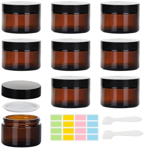 Amber Glas Leerdose, 9 Stück Salbentiegel 30ml Creme Behälter mit 2 Spatel und Aufkleber, Kosmetik Behälte, Cremedosen zum befüllen von Kosmetika, Lotionen, Cremes