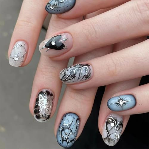 24 Pcs Full Covers Stick On Nails 3D Rhinestones False Nails Butterfly Press On Nails Silver Black Lines Artificial Nails