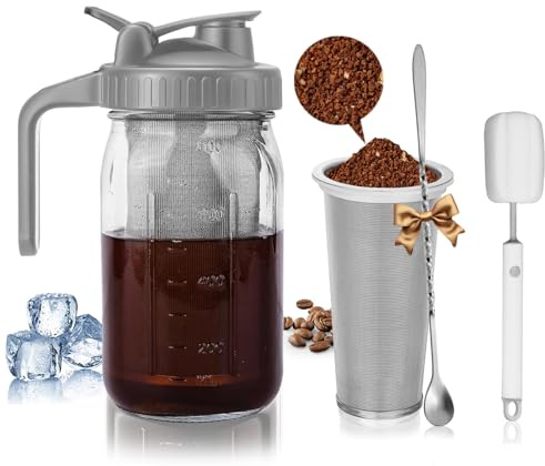Cafetera fría de tapa negra de 32 onzas, jarra de vidrio de 800 ml con filtro de acero inoxidable, tapa hermética