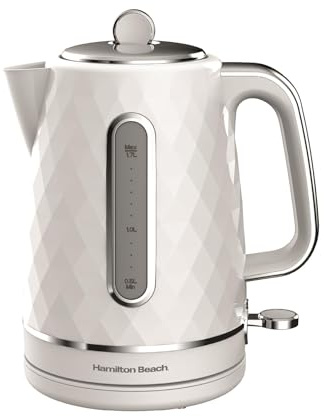 Hamilton Beach Electric Kettle, Diamond, 1.7L, Boil Dry Protection, Diamond Texture, 360° Swivel Base, Easy Read Water Level Window, Built-in Cord Storage, White - HBK8359W