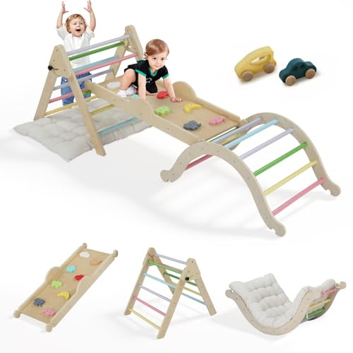 LEADZM 9 en 1 Triangle d'escalade Arche Montessori avec Coussin, Ensemble Triangle avec Roches Colorées, Échelle Pliable, Rampe, Jouets d'escalade pour Tout-Petits Bébé 1 Ans+