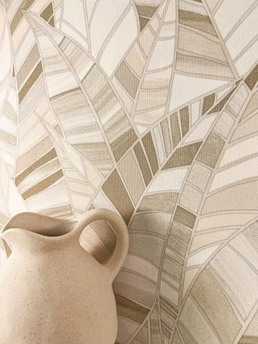 Newroom Papier Peint Intissé Beige Feuilles de Palmier Vinyle - Tropical Jungle Feuillage Motif Salon Chambre