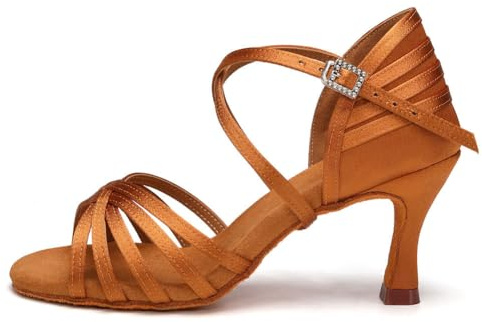 GYUBL Women's Latin Dance Shoes High Heel Satin Salsa Bachata Tango Samba Rumba Ballroom Practice Performance Dancing Shoes,Brown,UK 5