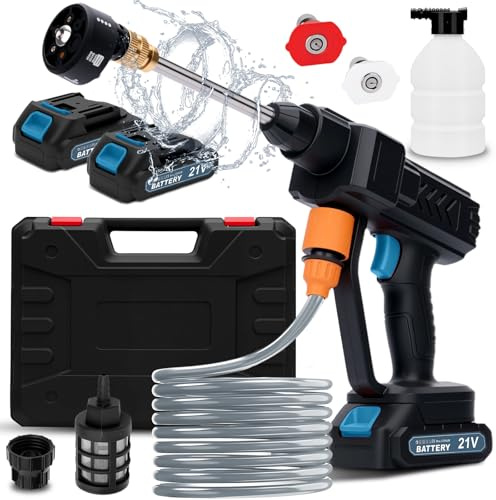 Idropulitrice a Batteria, Idropulitrice Portatile a Batteria con 6 in 1 Ugello, Tubo da 5M, 2 Batterie, Serbatoio in Schiuma, Adatto per la Pulizia di Auto, Pavimenti