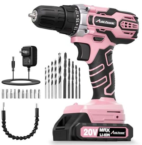 AVID POWER 20V MAX Power Drill Kit, Cordless Drill Set with Battery and Charger, 2 Variable Speed, 3/8-Inch Keyless Chuck, 19 Position and 22pcs Bits - Pink