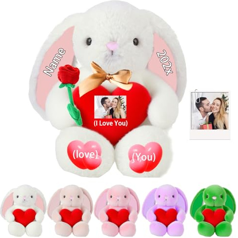 DRAJOIN Peluche Lapin Personnalisée avec Cœur, Lapin Personnalisé avec Texte et Photo, Cadeau Personnalisé pour Garçons et Filles, Premier Cadeau de Pâques pour Enfants, 25 cm