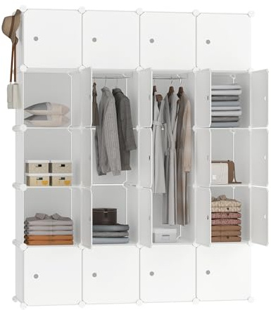 FIVMEN Kleiderschrank Weiß Garderobenschrank Steckregalsystem mit 20 Würfel DIY Kleiderschränke Kunststoffschrank mit Tür Regalsystem Schrank Standregal 145 cm Breit