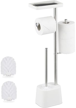 Juego de baño Relaxdays, HBT: 65,5 x 29 x 11 cm, Soporte de Papel higiénico, escobilla, portarrollos, Bandeja, Blanco
