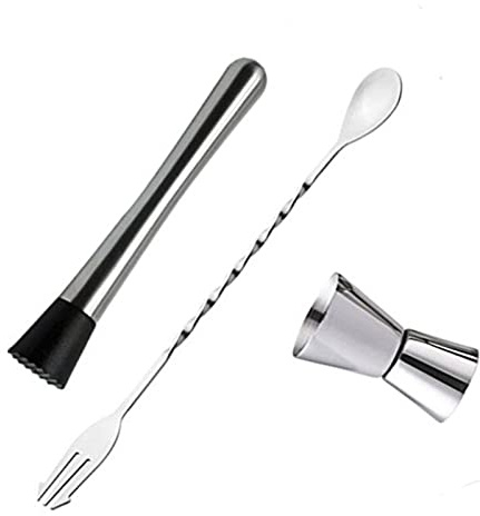 EMUKOEP Muddler pour Cocktails Bar Cuillère Cocktail en Acier Inoxydable Muddler Long Boisson Stirner Barman Barmander Mélange Cuillère et 15 ML 30 ML de Bar Jigger Tool pour la Maison
