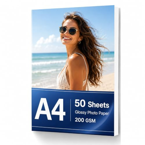 Carta Fotografica A4 Lucida 200g/m² – 50 Fogli A4 per Stampante, Bianco Brillante, Asciugatura Rapida, Compatibile con Stampante Fotografica a Getto d’Inchiostro