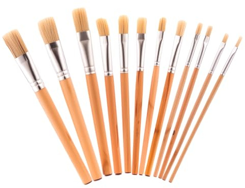 XAQAMY Juego de 12 Pinceles de Cerda para Pintura Acrílica y Óleo Pinceles Profesionales para Artistas con Cerdas Naturales y Mango de Madera Pincel Plano para Principiantes y Profesionales