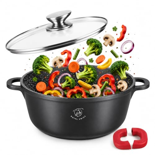 Royal Swiss Pentola da 32 cm, colore nero, 9,5 l, rivestimento in marmo, antiaderente, coperchio in vetro, compatibile con induzione e forno, ghisa di alluminio, manici in silicone rimovibili