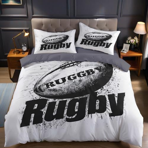 Gris Housse de Couette 140x200 cmrugby Parure de Lit 3 Pièces 1 Personne en Microfibre avec 1 Taies d’Oreiller, Ensemble de Literie Doux et Confortable