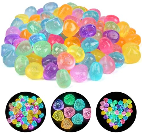Leuchtsteine 100 Stück, 2 cm, Leuchten im Dunkeln, für Garten Deko | Wiederverwendbar, Muggelsteine Bunt, für Pflanzen Topf, Aquarium, Balkon, Terrasse, Partydekoration