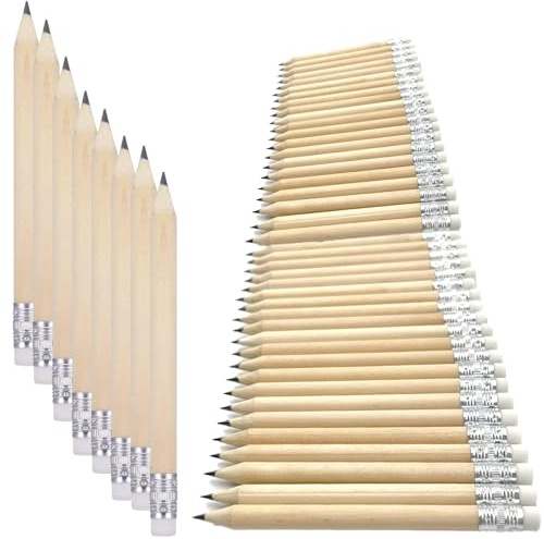 Kaquxibix 50-Pack Mini Wooden Pencils with Erasers for Kids, Students, and Professionals - HB Hardness, Round Design