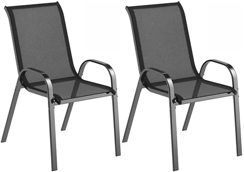Outsunny Set 2 Sedie da Giardino Impilabili con Braccioli, Sedie per Pranzo da Esterno in Acciaio e Texteline, da Patio, Balcone, Terrazza, Esterno e Interno, 54x71x93 cm, Nero