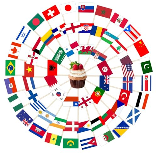 Zahnstocher Flaggen WM 2026, 100 Stück Mini Fähnchen aus Papier, Holzspieße mit bunter Flagge, gemischte Länderflaggen, kleine Zahnstocher mit Fähnchen für Party Deko