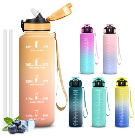 Mujigaga Gourde 1,5l, Gourde Sport, Anti Fuite, Gourdes Graduée pour 1 Journee avec Marqueur de Temps, Verrou de Sécurité, Bouteille avec Paille pour Bureau, Sports, Voyage, Camping, Randonnée