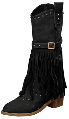 Chaussures noires avec franges en cuir pour femme, hautes et confortables, bottes de cowboy à bout pointu | Bottines western pour femme avec franges et clous, sangle et boucle, talon large, bottines bohème chic pour cérémonie