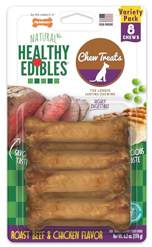 Nylabone Healthy Edibles Natural Dog Chews, Long Lasting Bones for Dogs, Roast Beef & Chicken Flavor Dog Treats, X-Small (8 Count)