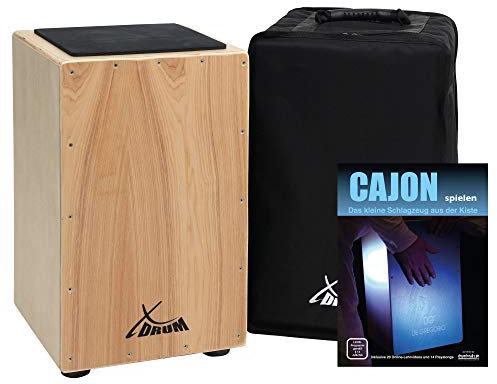 XDrum Cajon Primero Natur - Kistentrommel inkl. Rucksacktasche und Schule - Trommelkiste mit Snare Sound - Holz Drum Kiste mit Gigbag